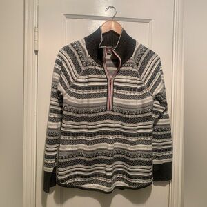 Eddie Bauer Women's Cozy Gray and White Fair Isle Quarter Zip Sweater L EUC